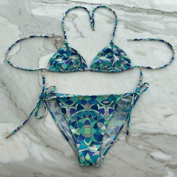 EMILIO PUCCI BLUE GREEN WHITE STRING BIKINI SIZE IT 42 / US 8 - Picture 4 of 17